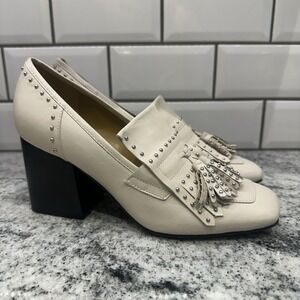 Marc Fisher Shoes Leather W 7 Cream‎ Block Heel Studded Mocassin Tassels Loafers